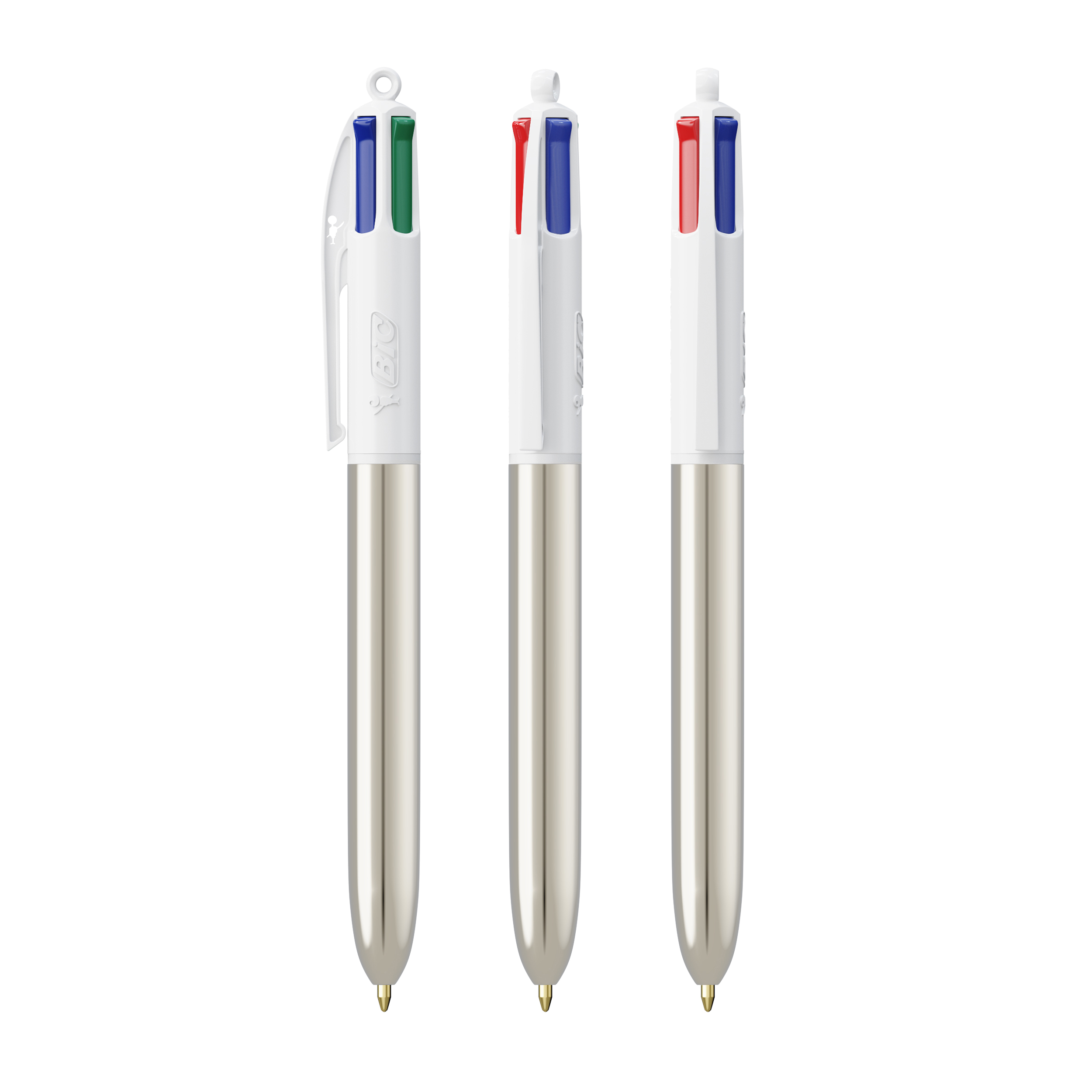 Stylo 4 couleurs publicitaire BIC® Shine avec Lanyard Blanc - Argent métallique